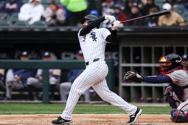 Chicago White Sox shortstop Paul DeJong (29) strikes out with the bases loaded during the first inning of the game against the Atlanta Braves at Guaranteed Rate Field in Chicago on April 1, 2024. (Eileen T. Meslar/Chicago Tribune)