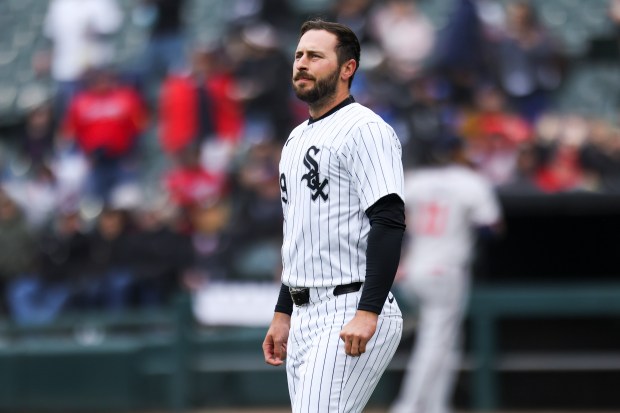 Chicago White Sox shortstop Paul DeJong (29) reacts after striking out with the bases loaded during the first inning of the game against the Atlanta Braves at Guaranteed Rate Field in Chicago on April 1, 2024. (Eileen T. Meslar/Chicago Tribune)