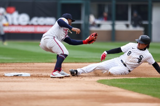 Chicago White Sox second baseman Nicky Lopez (8) tries to steal second base during the second inning of the game against the Atlanta Braves at Guaranteed Rate Field in Chicago on April 1, 2024. (Eileen T. Meslar/Chicago Tribune)