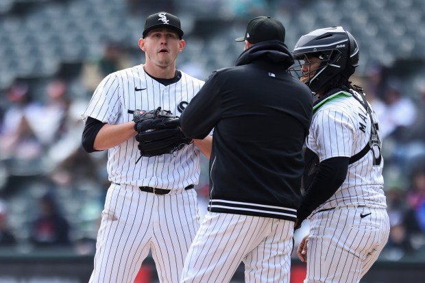 Chicago White Sox relief pitcher Chris Flexen (77) reacts after giving up a RBI double during the fourth inning of the game against the Atlanta Braves at Guaranteed Rate Field in Chicago on April 1, 2024. (Eileen T. Meslar/Chicago Tribune)