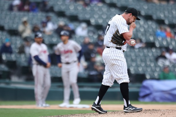 Chicago White Sox relief pitcher Bryan Shaw (27) reacts after giving up a run on a wild pitch during the fifth inning of the game against the Atlanta Braves at Guaranteed Rate Field in Chicago on April 1, 2024. (Eileen T. Meslar/Chicago Tribune)