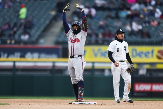 Atlanta Braves outfielder Ronald Acuña Jr. celebrates after getting a double during the sixth inning of the game against the Chicago White Sox at Guaranteed Rate Field in Chicago on April 1, 2024. (Eileen T. Meslar/Chicago Tribune)