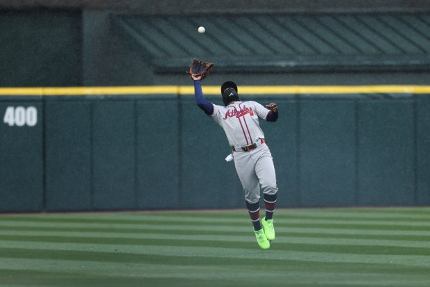 Atlanta Braves center fielder Michael Harris II (23) catches a pop fly during the seventh inning of the game against the Chicago White Sox at Guaranteed Rate Field in Chicago on April 1, 2024. (Eileen T. Meslar/Chicago Tribune)