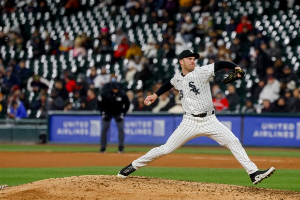 Chicago White Sox relief pitcher John Brebbia (59) pitches during a game between the Chicago White Sox and the Atlanta Braves on Tuesday, April 2, 2024, at Guaranteed Rate Field in Chicago. (Vincent Alban/Chicago Tribune)