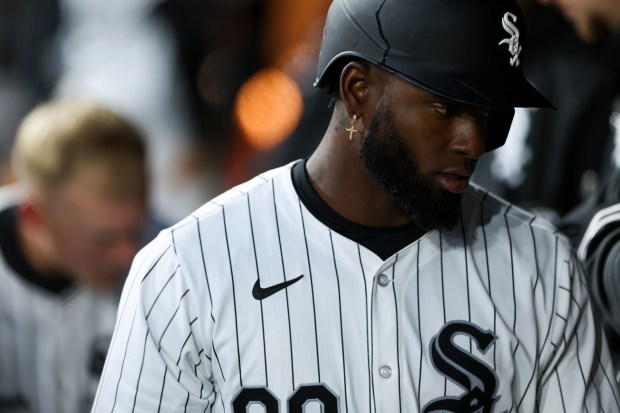 Chicago White Sox center fielder Luis Robert Jr. (88) walks into the dugout after striking out during the eighth inning of the game against the Atlanta Braves at Guaranteed Rate Field in Chicago on April 1, 2024. (Eileen T. Meslar/Chicago Tribune)