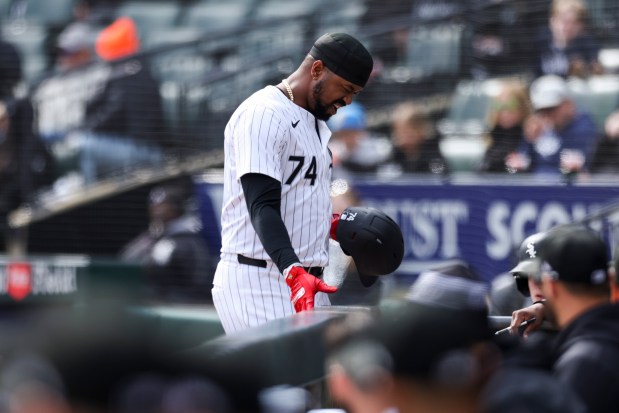 White Sox designated hitter Eloy Jiménez winces as he walks back to the dugout after being thrown out at first during the sixth inning against the Tigers on Sunday, March 31, 2024, at Guaranteed Rate Field. (Eileen T. Meslar/Chicago Tribune)