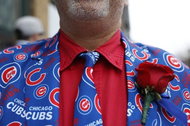 Cubs fan Jeremy Beaver, of Indiana, outside Wrigley Field ahead of the Chicago Cubs home opener against the Colorado Rockies on April 1, 2024. (Vincent Alban/Chicago Tribune)