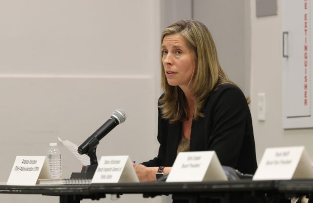 Andrea Kersten, chief administrator of the Civilian Office of Police Accountability (COPA), addresses Chicago Police Board meeting attendees about police body camera footage released of the March 21 fatal shooting of Dexter Reed on April 18, 2024. (John J. Kim/Chicago Tribune)