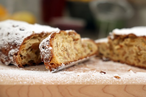 Martin Sorge's version of Dinkel's Bakery's famous stollen bread, a fruit-filled German-style bread typically served during the holiday season, is seen at his home in Chicago, March 27, 2024. (Terrence Antonio James/Chicago Tribune)