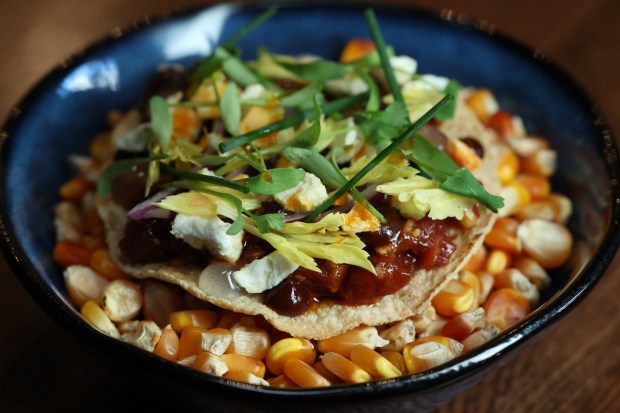 A tostada made with guajillo oil, chives, celery leaves, shallot, cilantro, freeze-dried pineapple and red onion is seen on April 9, 2024 at Cariño. (Terrence Antonio James/Chicago Tribune)