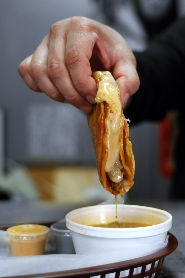 A taco is dipped in consommé at Quesabirria Jalisco on West 18th Street in Chicago on March 20, 2024. (Terrence Antonio James/Chicago Tribune)