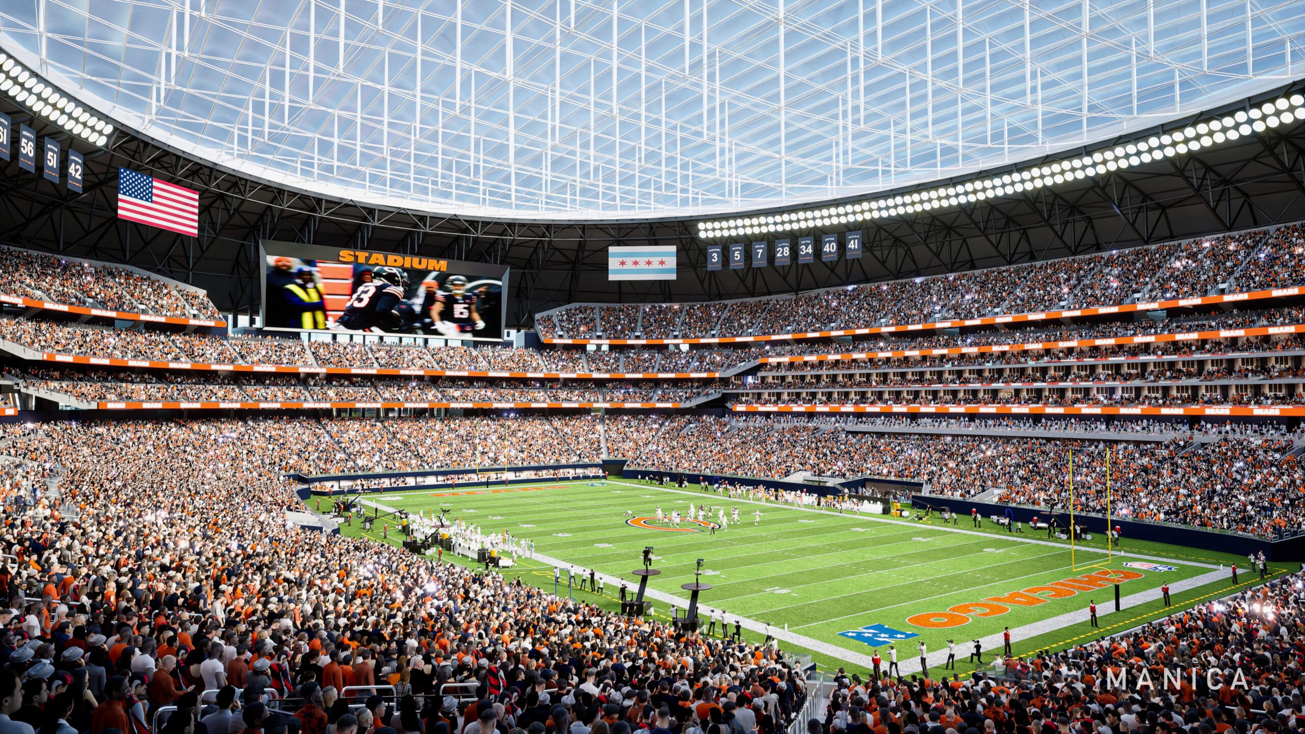 Renderings of a new state-of-the-art enclosed stadium with open space...