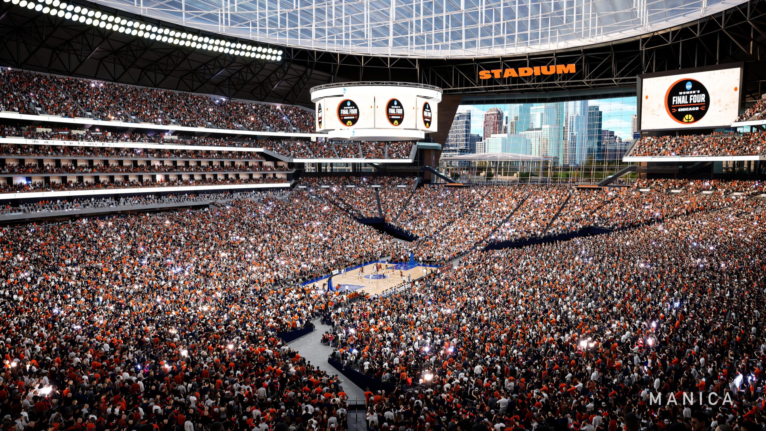 Renderings of a new state-of-the-art enclosed stadium with open space...
