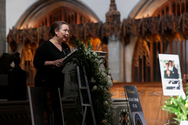 U.S. Sen. Tammy Duckworth speaks during the funeral for Cook County Clerk Karen A. Yarbrough at Rockefeller Chapel at University of Chicago on April 14, 2024. (Eileen T. Meslar/Chicago Tribune)