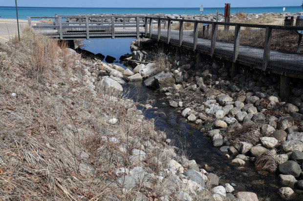 At Rosewood Beach in Highland Park, a ravine flowing toward Lake Michigan is seen on Thursday, March 28, 2024. The ravine has white sucker fish activity, which is important to other fish and wildlife. (Terrence Antonio James/Chicago Tribune)