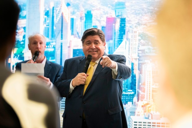 Gov. J.B. Pritzker makes his sales pitch for increased Illinois film and TV production (with actor Matt Walsh, left) during an event on the NBC Universal lot in Universal City, California, on March 27, 2024. (Hannah Benet photo)