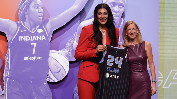 South Carolina's Kamilla Cardoso poses with WNBA Commissioner Cathy Engelbert after being selected third by the Chicago Sky during the first round of the WNBA draft on Monday, April 15, 2024, in New York. (AP Photo/Adam Hunger)