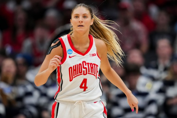 Ohio State guard Jacy Sheldon runs down the court during a first-round NCAA Tournament game against Maine on March 22, 2024, in Columbus, Ohio. (AP Photo/Aaron Doster)