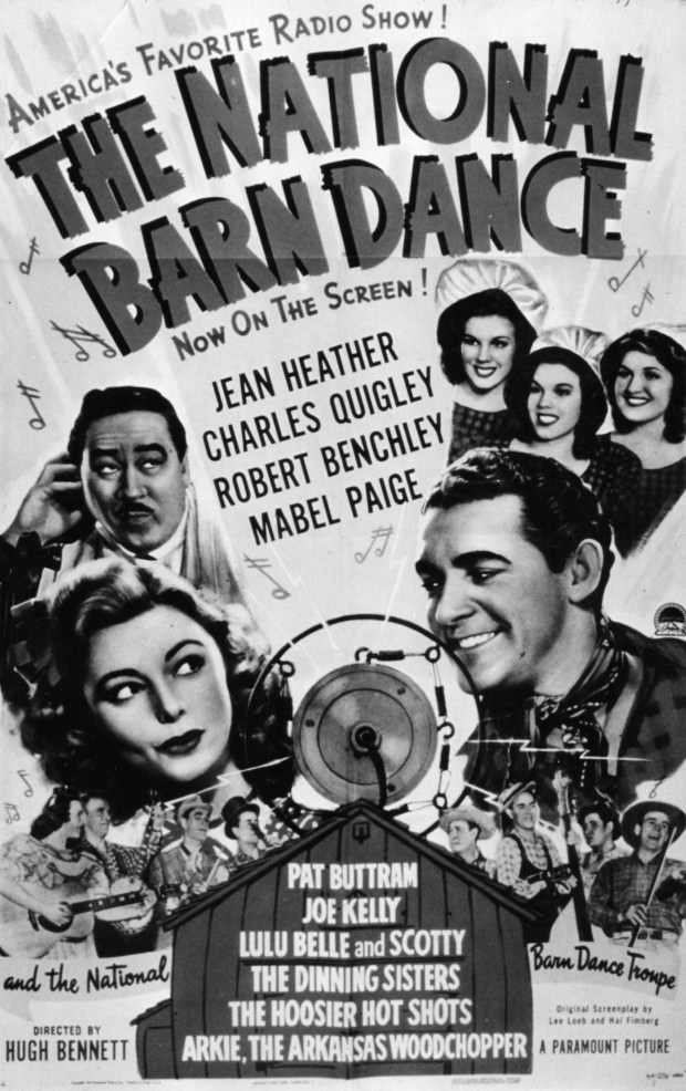 A movie poster for The National Barn Dance movie, released in 1944 by Paramount Pictures. The National Barn Dance was a radio show on WLS radio in Chicago (Paramount Pictures) 