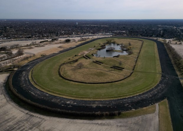 An aerial photo looking east at the former Arlington International Racecourse on March 12, 2024, in Arlington Heights. (Stacey Wescott/Chicago Tribune)