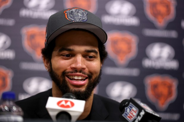 New Chicago Bears quarterback Caleb Williams speaks at Halas Hall in Lake Forest on Friday, April 26, 2024. 