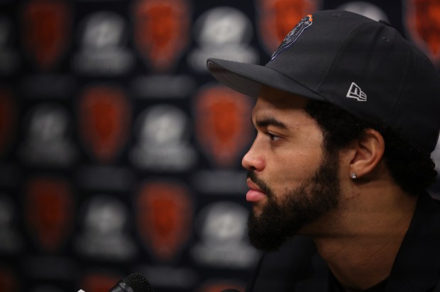 New Chicago Bears quarterback Caleb Williams speaks at Halas Hall in Lake Forest on Friday, April 26, 2024. The Bears picked the USC quarterback number one overall in the 2024 NFL Draft. (Chris Sweda/Chicago Tribune)