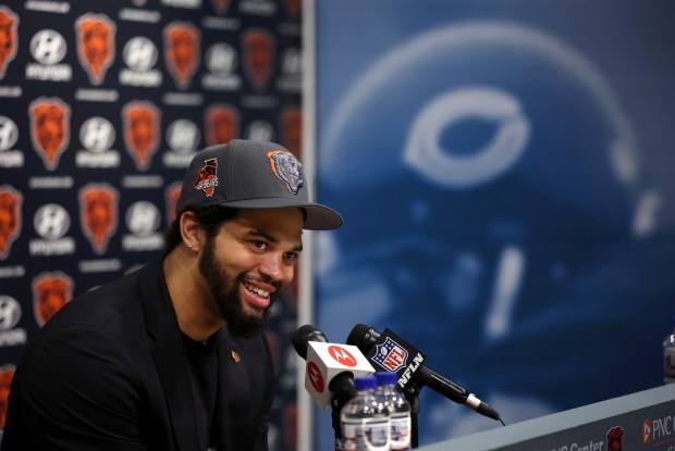 New Chicago Bears quarterback Caleb Williams speaks at Halas Hall in Lake Forest on Friday, April 26, 2024. The Bears picked the USC quarterback number one overall in the 2024 NFL Draft. (Chris Sweda/Chicago Tribune)