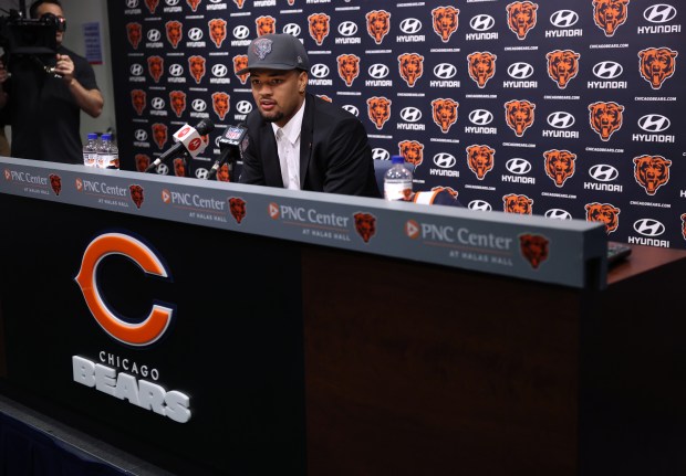 New Chicago Bears wide receiver Rome Odunze speaks at Halas Hall in Lake Forest on Friday, April 26, 2024. The Bears picked the Washington wide receiver number nine overall in the 2024 NFL Draft. (Chris Sweda/Chicago Tribune)