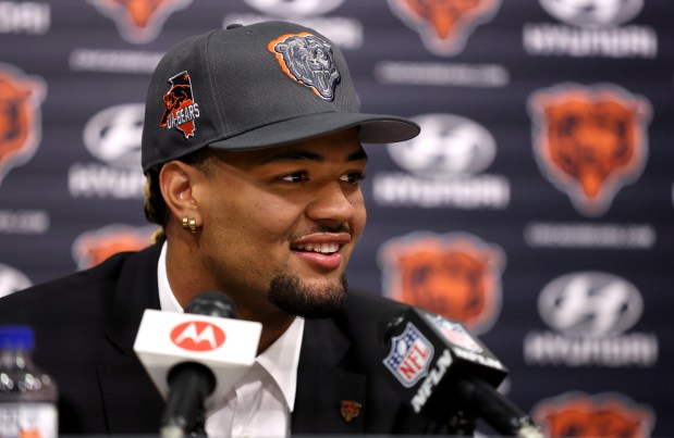 New Chicago Bears wide receiver Rome Odunze speaks at Halas Hall in Lake Forest on Friday, April 26, 2024. The Bears picked the Washington wide receiver number nine overall in the 2024 NFL Draft. (Chris Sweda/Chicago Tribune)