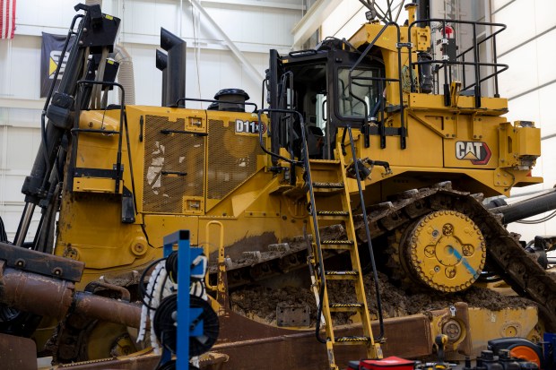 A D11XE bulldozer sits in the instrument application center on Wednesday, March 27, 2024, at the Caterpillar Proving Grounds in Washington, Ill. (Vincent Alban/Chicago Tribune)