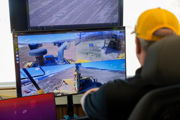 The screen used by Tim Pennington, a remote test operator, to operate a D7 bulldozer remotely while the bulldozer is outside on Wednesday, March 27, 2024, at the Caterpillar Proving Grounds in Washington, Ill. (Vincent Alban/Chicago Tribune)