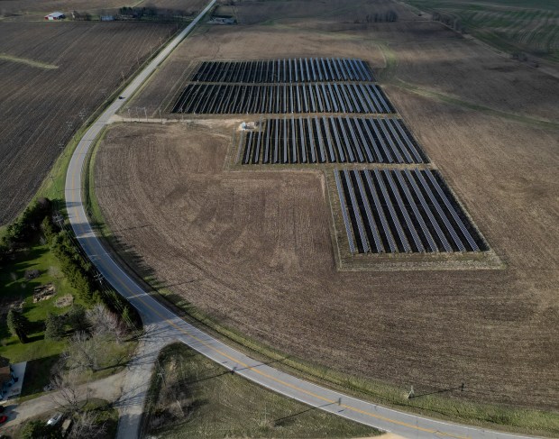 Smaller solar farms, like the Nexamp Community Solar Farm near Paw Paw in Lee County, go through a different process to connect to the grid, March 27, 2024. (Stacey Wescott/Chicago Tribune)