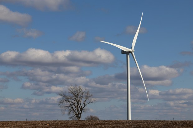A wind turbine in rural Lee County on March 27, 2024. The county has numerous turbines but is still waiting on two large solar projects. (Stacey Wescott/Chicago Tribune)
