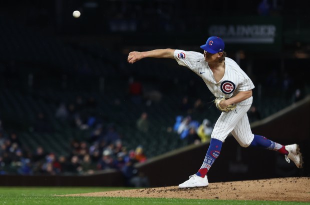 Cubs pitcher Ben Brown delivers to the Rockies in the second inning at Wrigley Field on April 3, 2024. (Chris Sweda/Chicago Tribune)