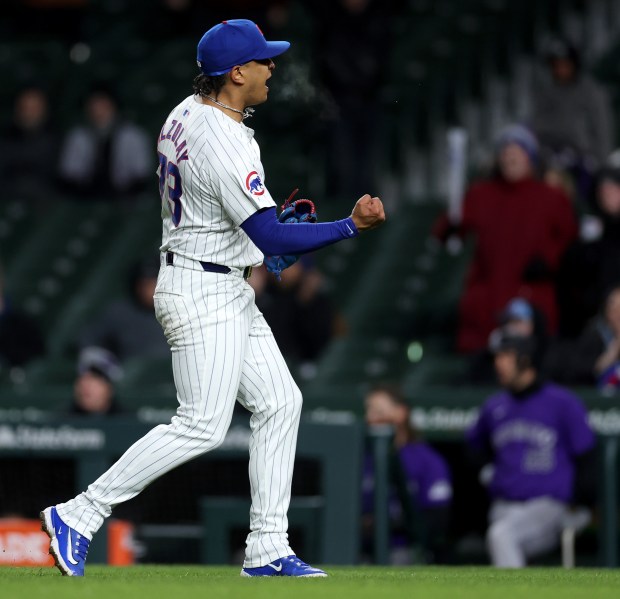 Chicago Cubs relief pitcher Adbert Alzolay (73) celebrates after closing out the Colorado Rockies in the ninth inning of a game at Wrigley Field in Chicago on Wednesday, April 3, 2024. (Chris Sweda/Chicago Tribune)