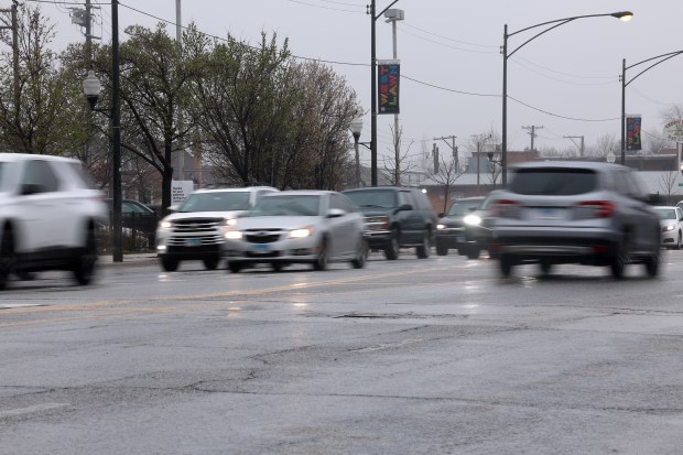 Traffic flows in the 6300 block of South Pulaski Road in Chicago on April 2, 2024. Days earlier, a CPS employee was struck and killed by a vehicle near there. (Terrence Antonio James/Chicago Tribune)