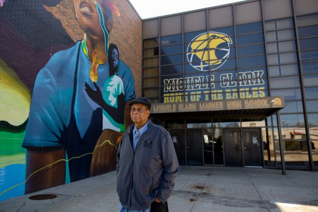 Bernard Clay, a seven-year member of the Michele Clark High School Local School Council, on Saturday, April 6, 2024, at the Chicago school. (Vincent Alban/Chicago Tribune)