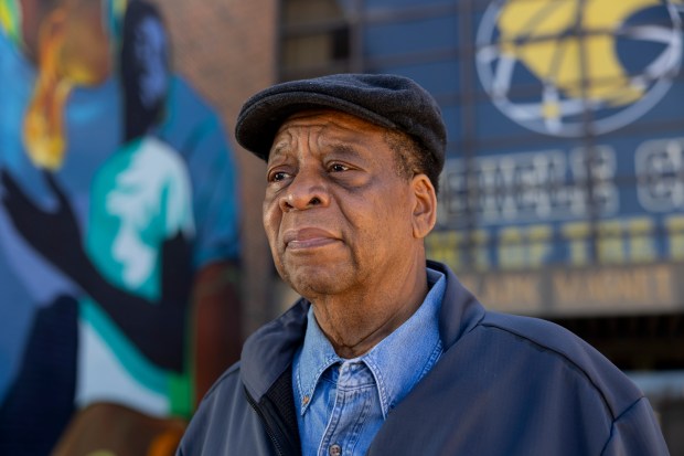 Bernard Clay, a 7-year member of the Michele Clark High School Local School Council, poses for a portrait on Saturday, April 6, 2024, at Michele Clark High School in Chicago. (Vincent Alban/Chicago Tribune)