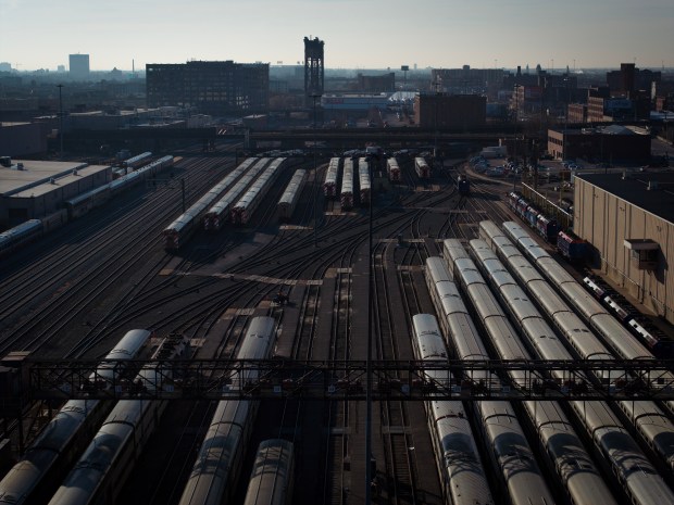 Metra trains in the BNSF/Metra yard at Roosevelt Road, Dec. 7, 2023. (E. Jason Wambsgans/Chicago Tribune)