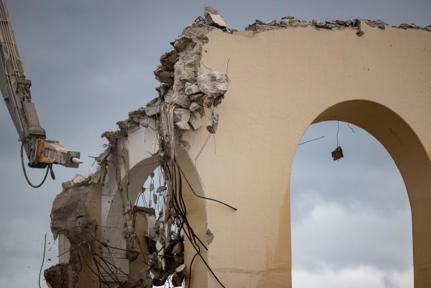 The final sections of Ryan Field at Northwestern University are demolished Wednesday, April 17, 2024, in Evanston. (Brian Cassella/Chicago Tribune)