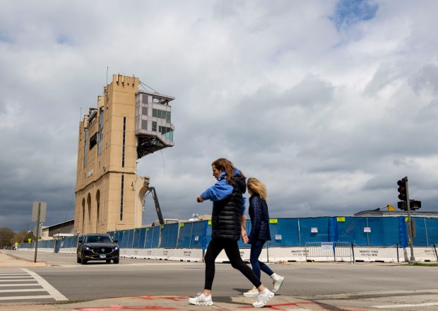 The final sections of Ryan Field at Northwestern University are demolished Wednesday, April 17, 2024, in Evanston. (Brian Cassella/Chicago Tribune)