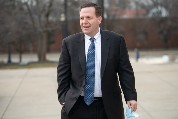 Former Portage Mayor James Snyder speaks about his retrial at the federal courthouse in Hammond, Indiana, on March 9, 2021. (Kyle Telechan / for the Post-Tribune)