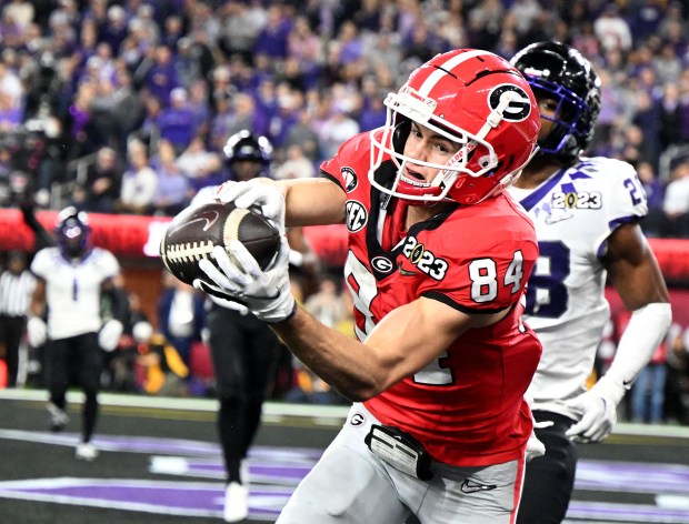 Georgia's Ladd McConkey catches a touchdown against TCU during the second half of the CFP National Championship game at SoFi Stadium in Inglewood on Jan. 9, 2023. (Photo by Will Lester, Inland Valley Daily Bulletin/ SCNG)