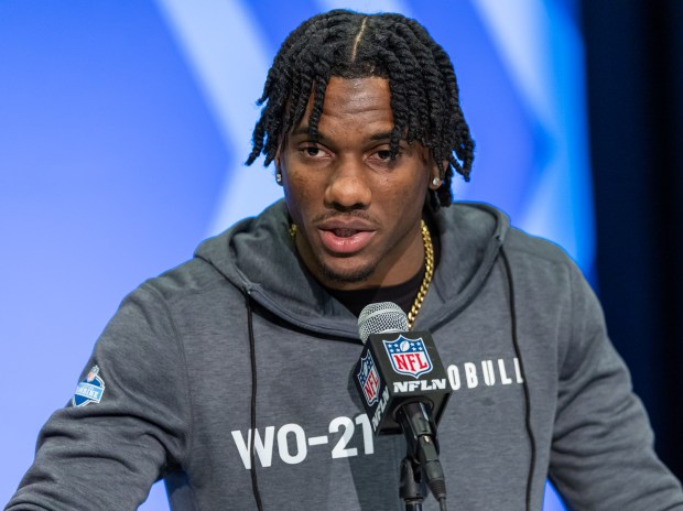 Malik Nabers speaks at the NFL combine at Lucas Oil Stadium on March 1, 2024. (Photo by Michael Hickey/Getty Images)