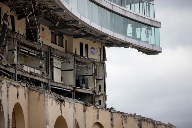 The final sections of Ryan Field at Northwestern University are demolished Wednesday, April 17, 2024, in Evanston. (Brian Cassella/Chicago Tribune)