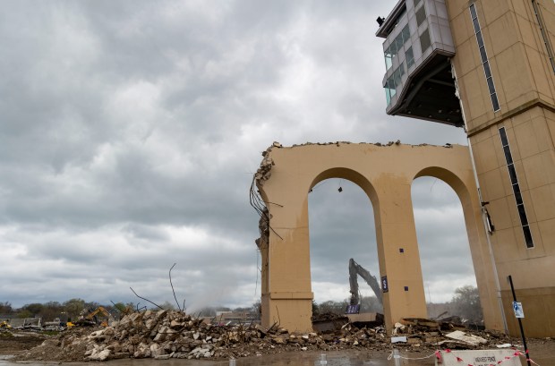 The final sections of Ryan Field at Northwestern University are demolished Wednesday, April 17, 2024, in Evanston. (Brian Cassella/Chicago Tribune)