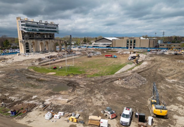 The final sections of Ryan Field at Northwestern University are demolished Wednesday, April 17, 2024, in Evanston. (Brian Cassella/Chicago Tribune)