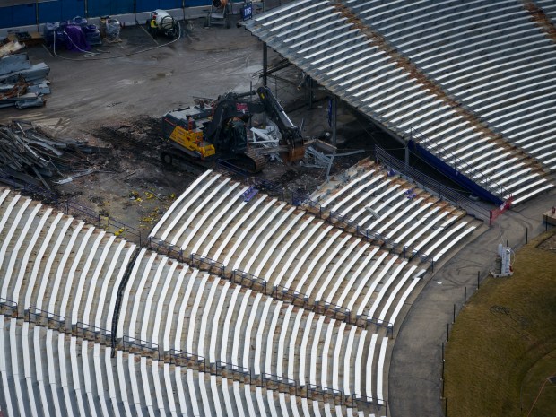 Demolition begins on Northwestern University's Ryan Field, on the border of Evanston and Wilmette, Friday, Feb. 16, 2024. (E. Jason Wambsgans/Chicago Tribune)