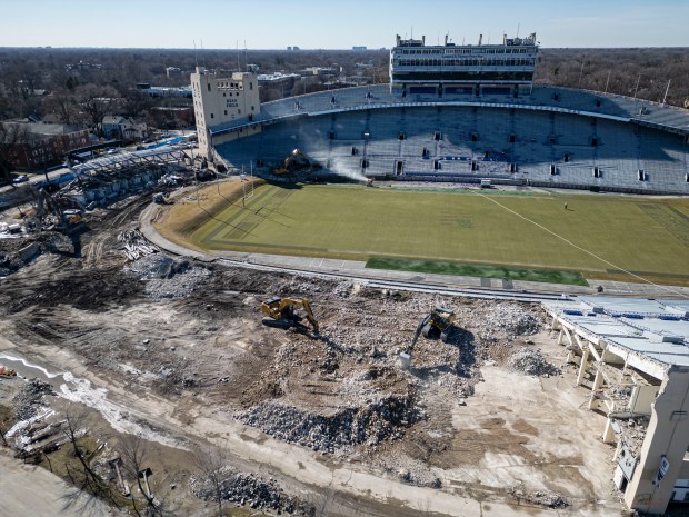 Demolition work continues on Ryan Field at Northwestern University in Evanston on Thursday, Feb. 29, 2024. (Brian Cassella/Chicago Tribune)