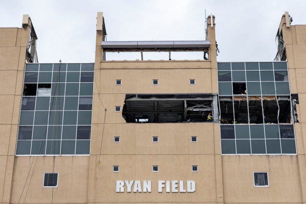 The final sections of Ryan Field at Northwestern University are demolished Wednesday, April 17, 2024, in Evanston. (Brian Cassella/Chicago Tribune)